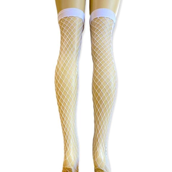 White Fishnet With Satin Bow Topper Above Knee Legwear Fishnet Stockings NEW - Picture 3 of 3